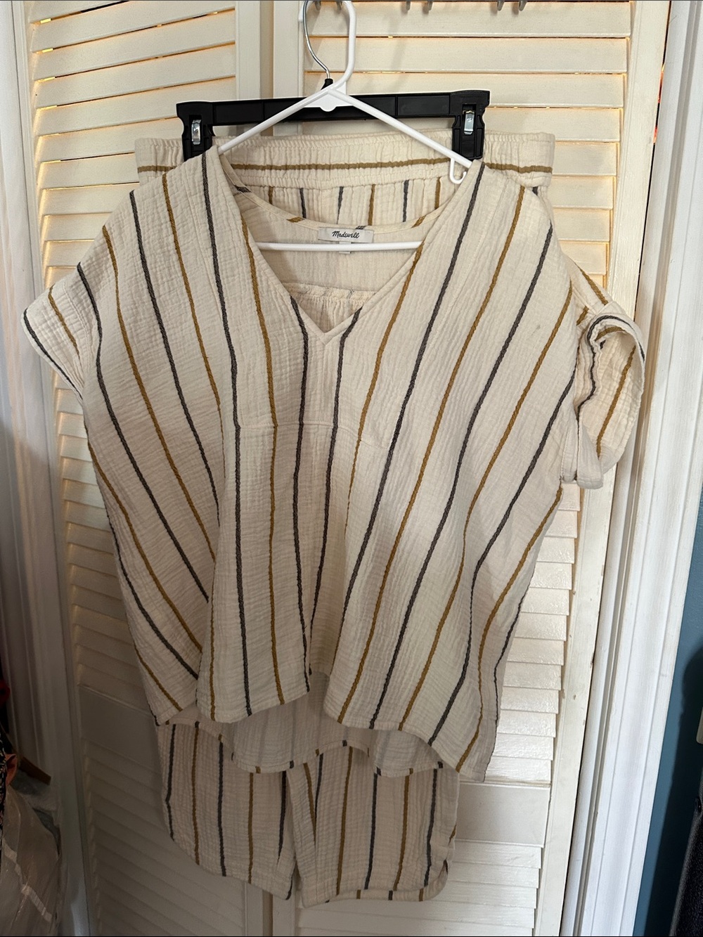 Madewell Cream Striped V-Neck Tunic with Black and Brown Stripes
